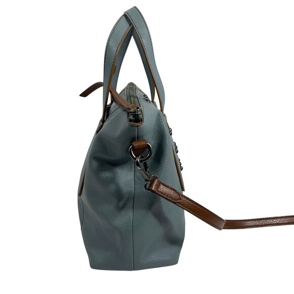 FOSSIL Dusty Blue & Brown Vegan Leather Studded Shoulder Crossbody Bag Tote - Picture 7 of 13